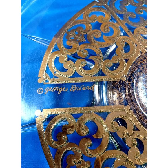 Georges Briard Signed Gold Scroll Encrusted Glass Pedestal Cake Plate Stand - Picture 5 of 7